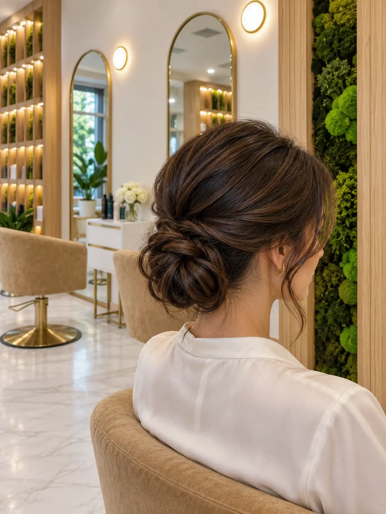 A soft low chignon seen from behind above an ivory blouse