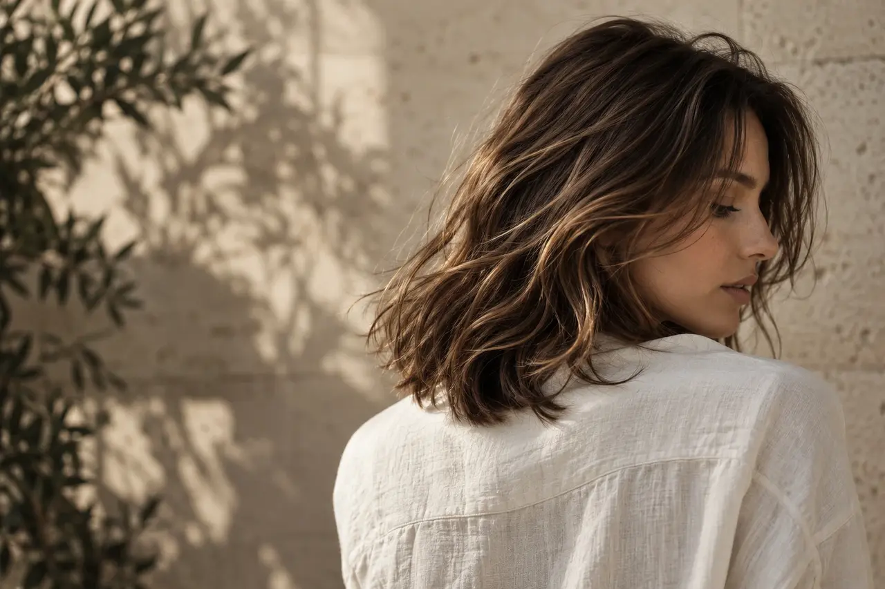 Editorial study of soft brunette waves with subtle caramel dimension