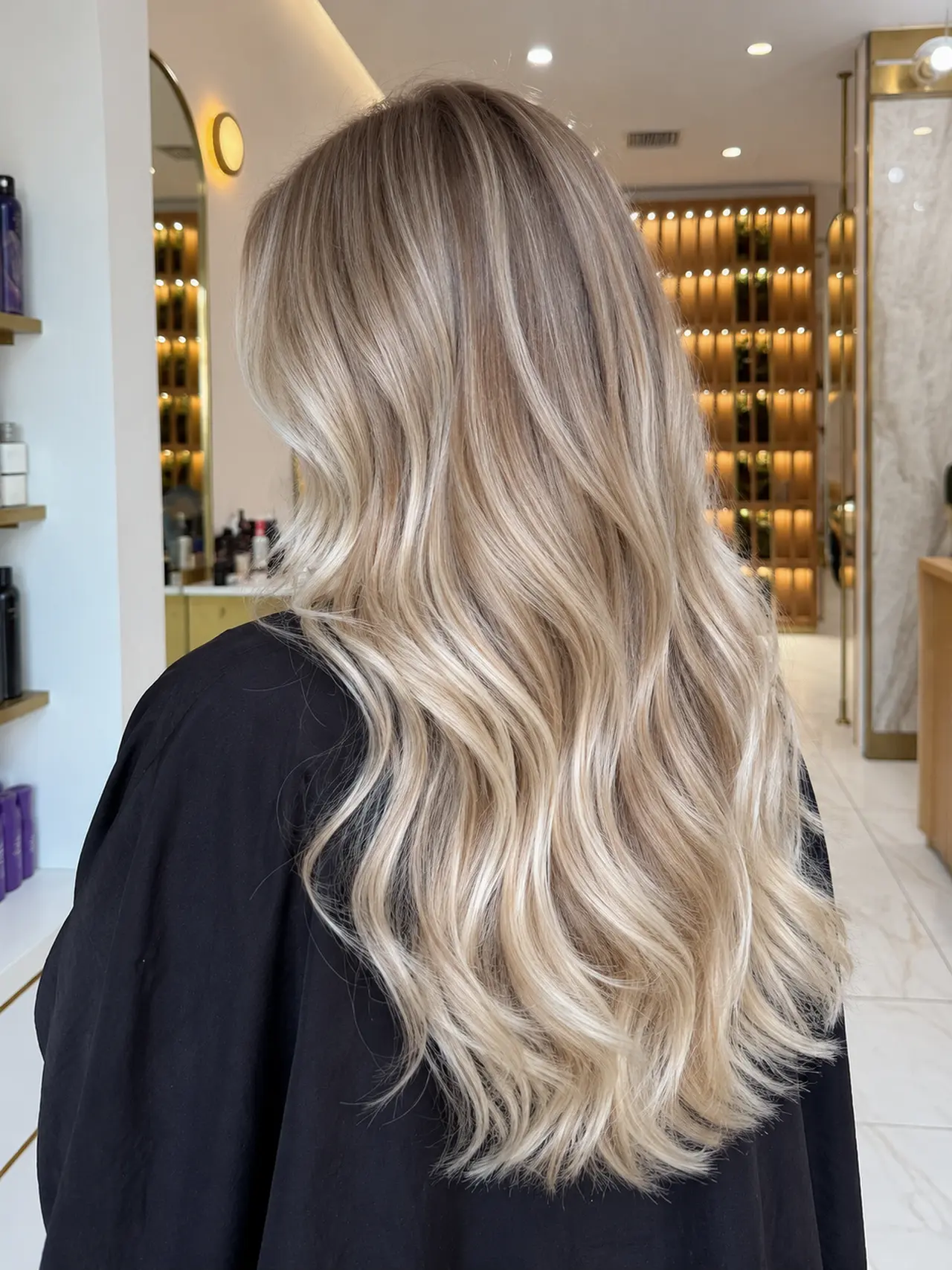 Dimensional beige blonde hair with soft roots and a relaxed blowout