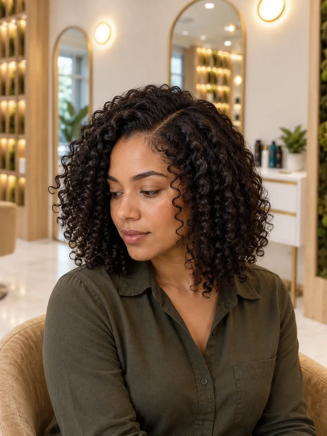 Healthy shoulder-length black coils, supple natural texture and subtle light-catching shine