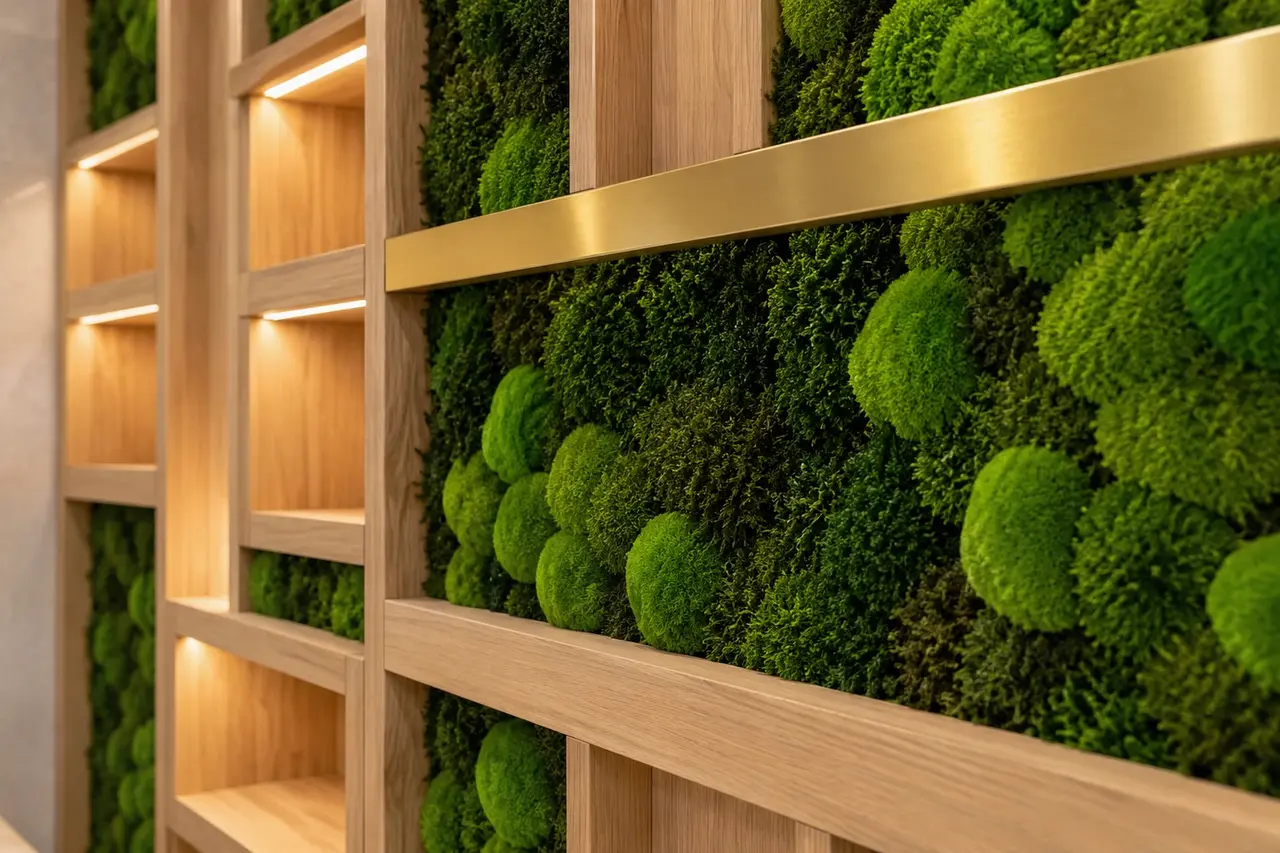 A close-up of moss, brushed brass and softly illuminated oak shelving