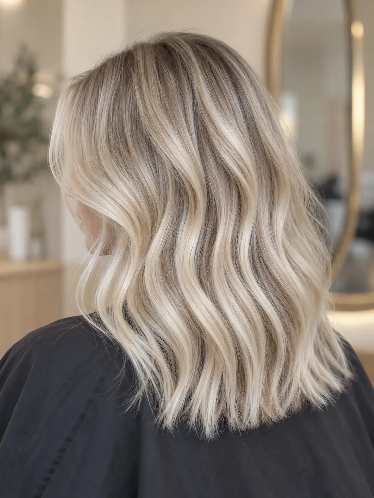 Pearl blonde waves with softly blended roots, photographed from behind