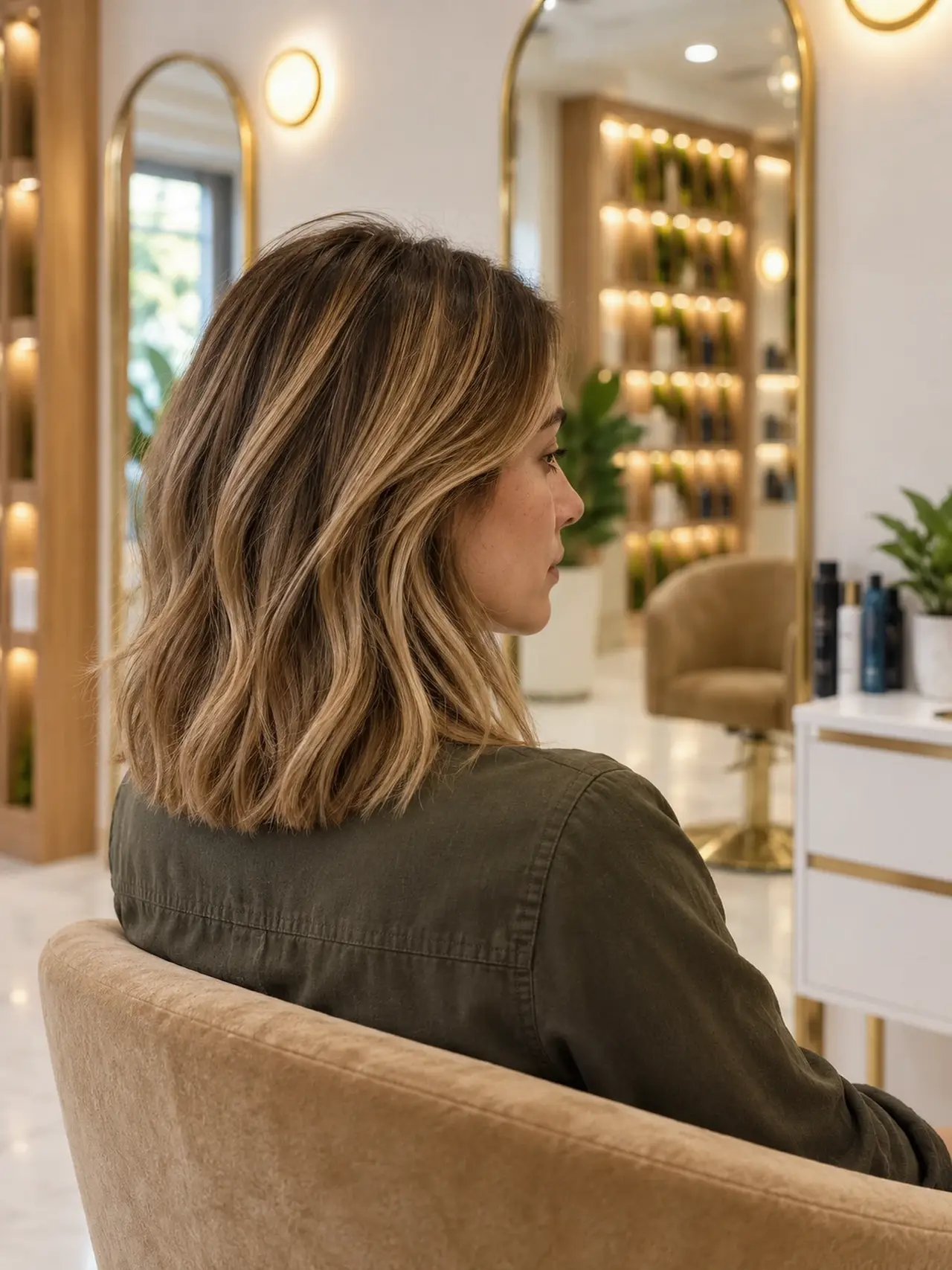Subtle sandy highlights woven evenly through collarbone-length dark blonde hair