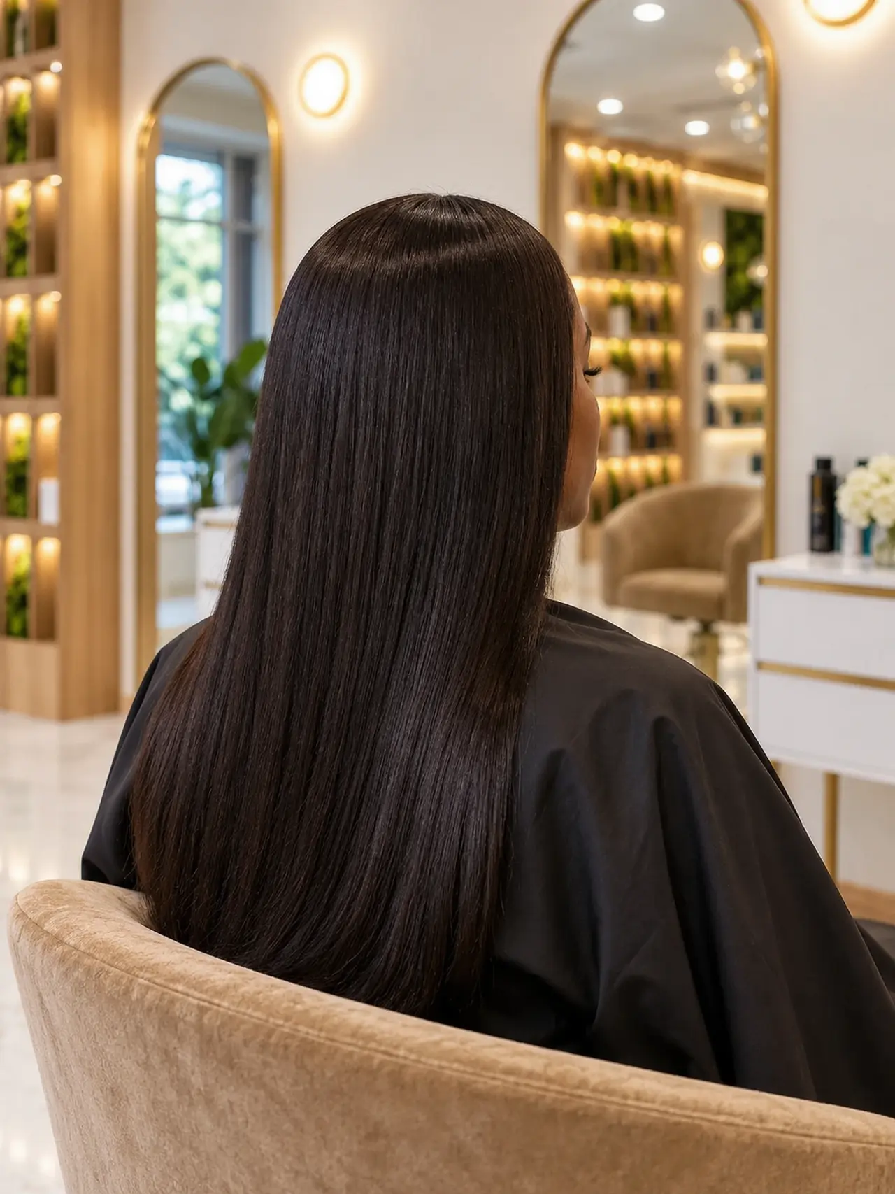 Sleek glossy black hair, center parted and straight to mid-back