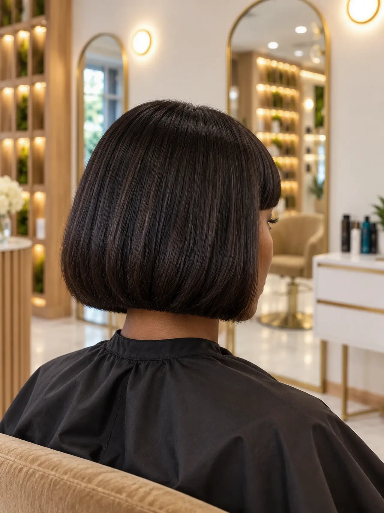 A precise sculptural dark chin-length bob with a clean cut fringe