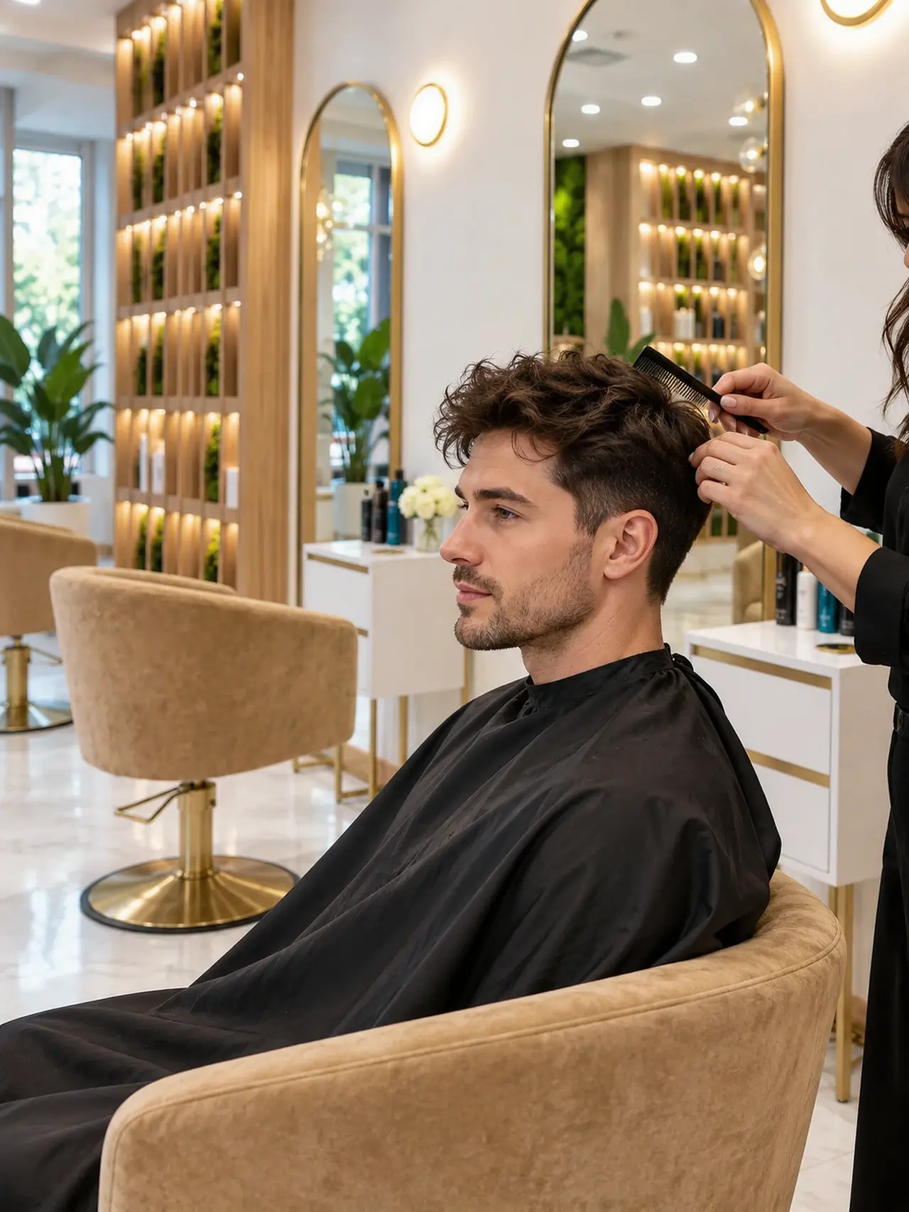 A stylist refining a short textured brown haircut with a comb