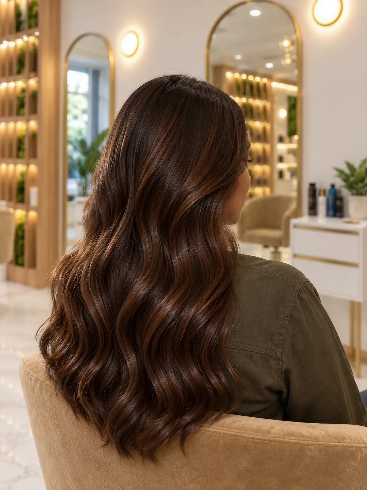 Luminous deep chocolate hair with a subtle light-reflecting shine and loose waves