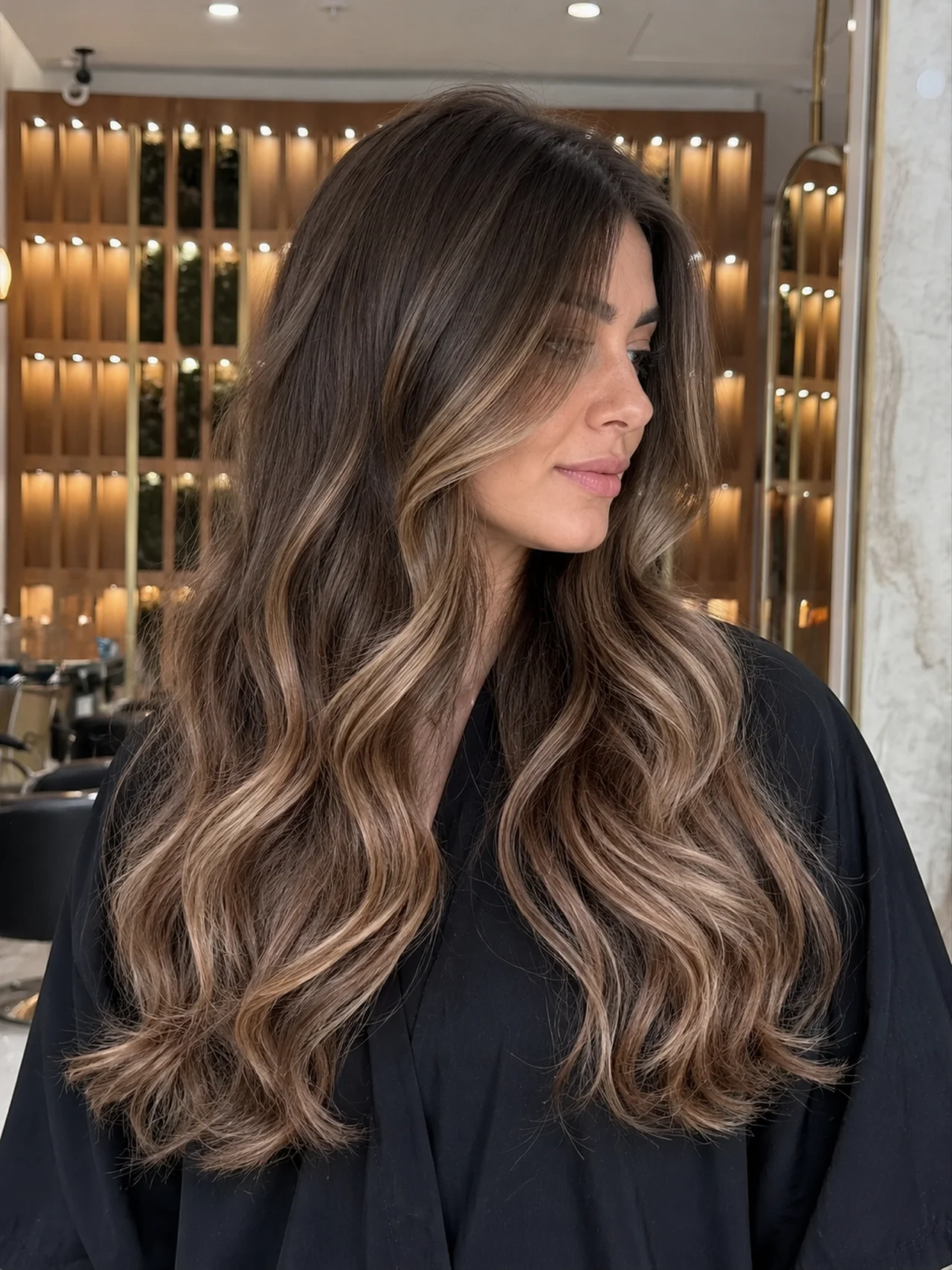 Long brunette layers with softly blended balayage ribbons