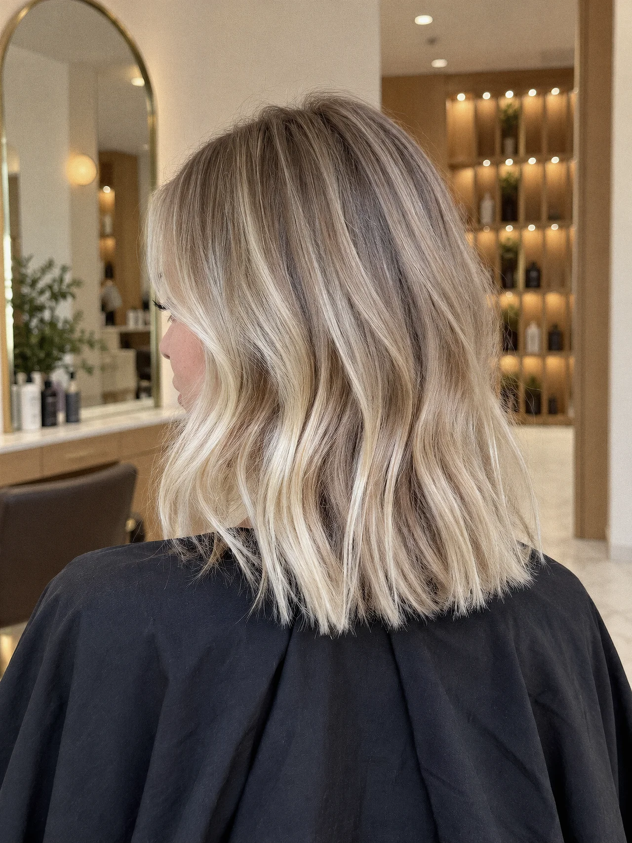 Creamy blonde hair with a soft shadow root and loose bends