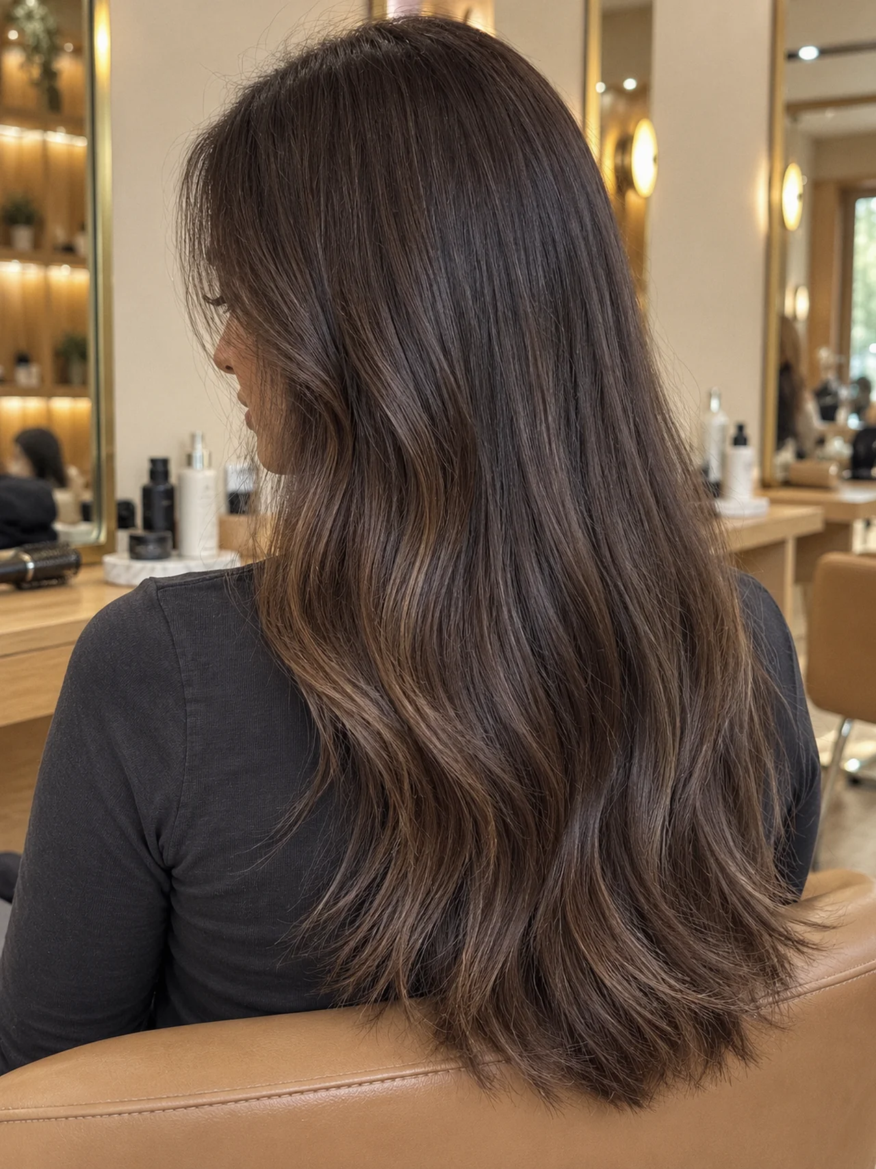 Long espresso extensions with softly feathered ends and a gentle natural bend
