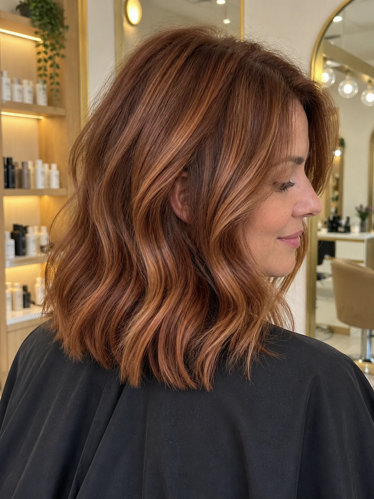 Auburn-copper gloss through a softly brushed lob, photographed from the side