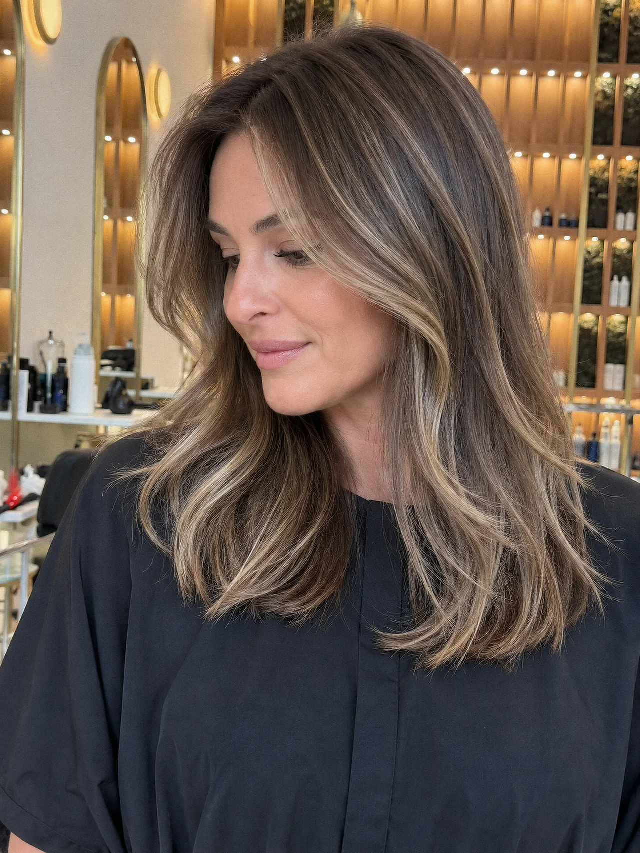 Fine champagne highlights through shoulder-length brunette layers